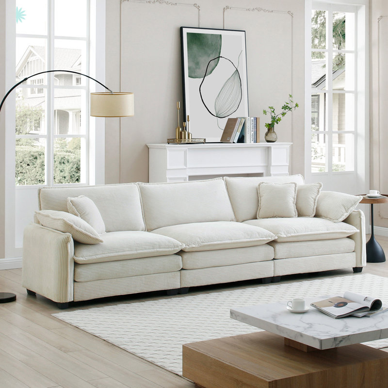 Canapé modulaire Mid-Century 3 places avec coussins, Beige