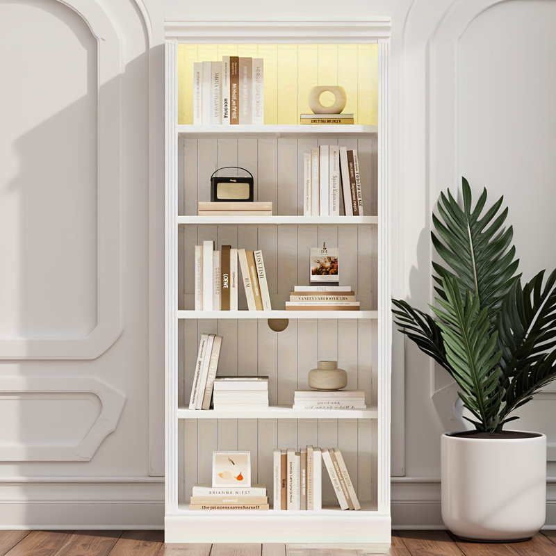 83.4" Tall Wood Bookcase With Light Strip, White, 83.4"H x 35.83"W x 15.35"D