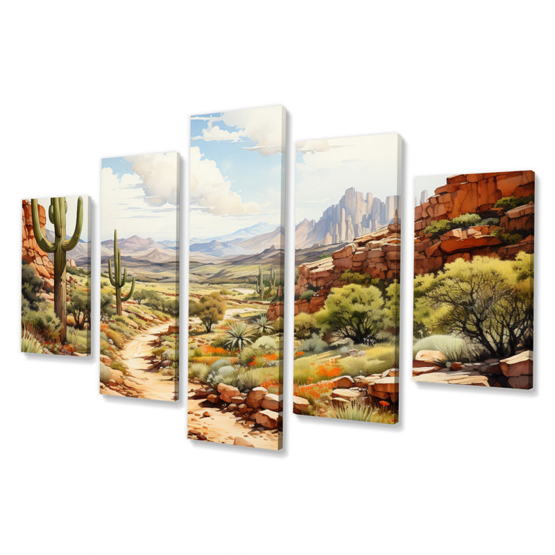 «Mexico Cactus Oasis Impasto II», impression d'art mural de paysages - 5 panneaux