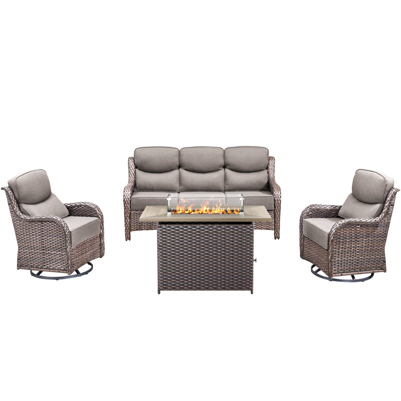 4 Pieces Patio Furniture Set, Outdoor Wicker Sofa Couch With Swivel Chairs 41" Fire Pit Table, All Weather High Back Modern Conversation Sets