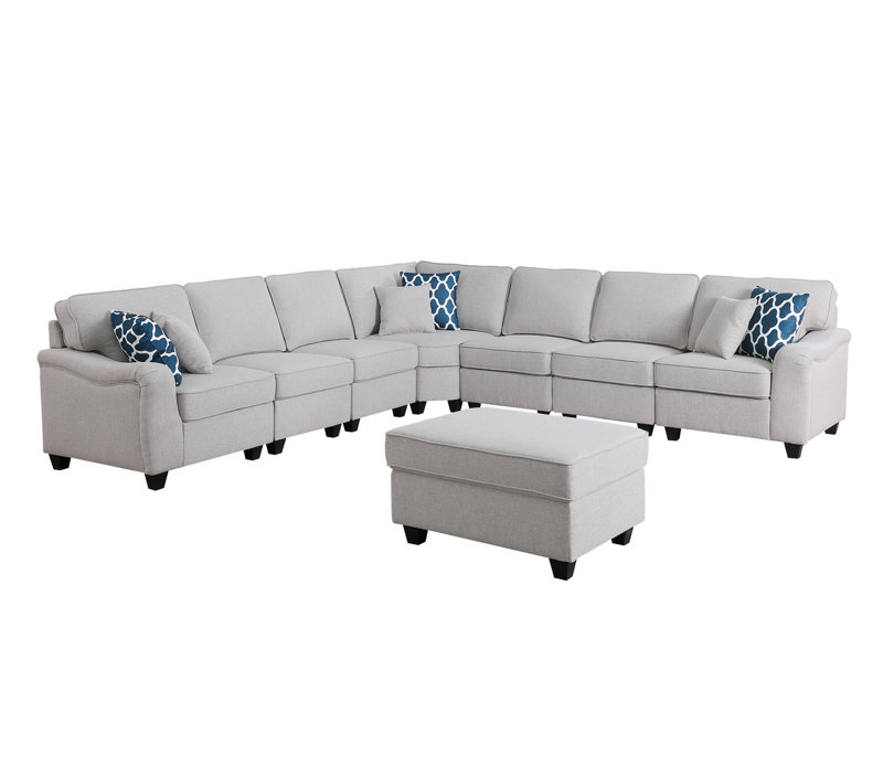 Ellis 8-Piece Modular L-Shape Linen Sectional Sofa and Ottoman