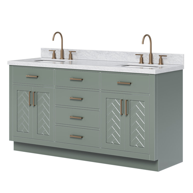 Meuble-lavabo double en bois massif de 66 po avec plateau en marbre de Carrare de 1,5 po Odea, Forme rectangulaire