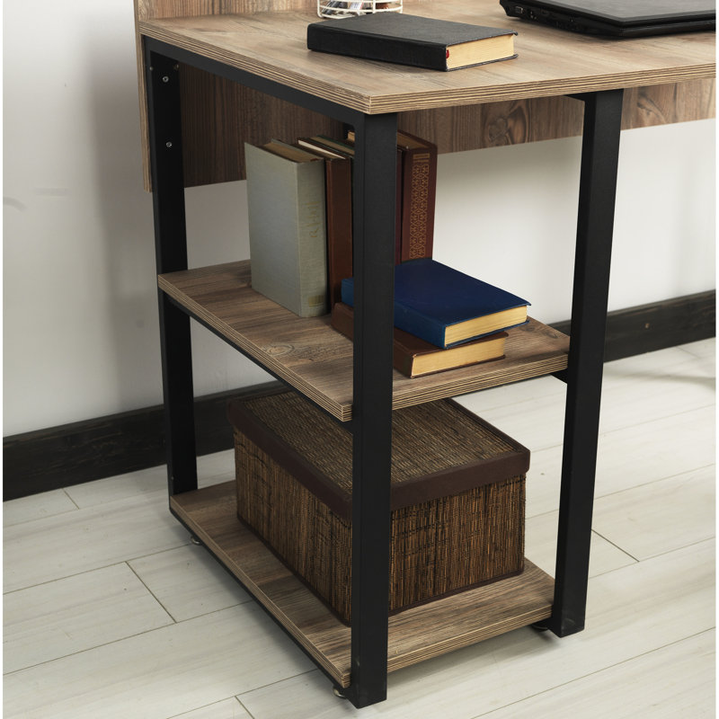 Bureau à structure en métal noir pour espace de travail de bureau à domicile, plateau en bois 58 po, 2 tablettes, bois massif, H 32 po x P 24 po, bureau 45 lb, plateforme, chêne