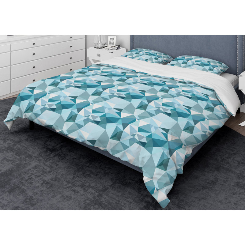 Polygonal Abstract Light Blue Geometry - Modern Abstract Duvet Cover Set - Microfiber Polyester, Queen Duvet Cover + 2 Shams