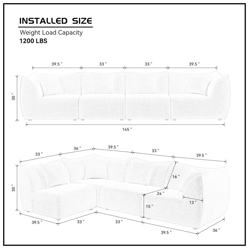 145 Inch Modular Sectional Couch 4-Seater Sectional Sofa Convertible Comfy Couches For Living Room Apartment, Office,Grey