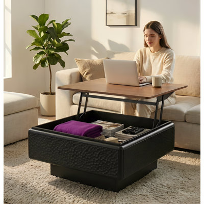 31'' Lift Top Coffee Table with Hidden Storage, Mid Century Modern Square Center Table with Hammered Texture & Floating Base for Living Room, Black Brown