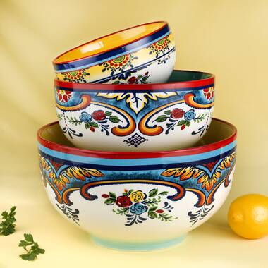 Gibson Elite Anaya Hand Painted 2 Quart Floral Stoneware Batter Bowl with Blue Trim