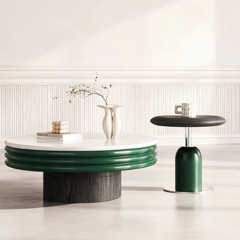 Ensemble de tables basses en marbre avec table d'appoint verte - Résistant aux égratignures, base en bois de frêne, motif à blocs de couleur