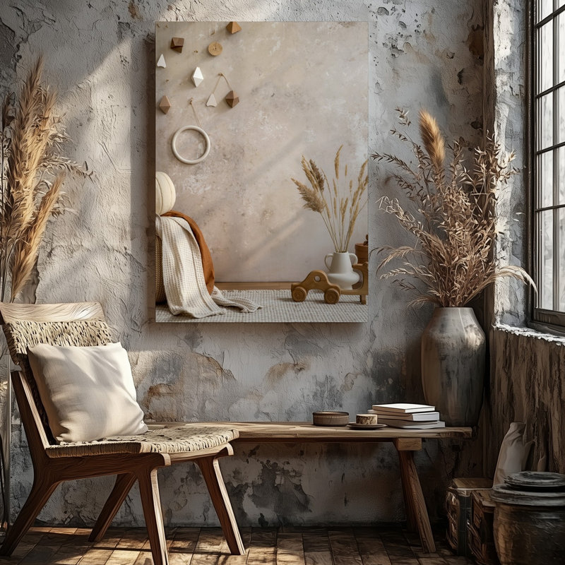 Toile, scène de chambre de bébé sereine ornée d'un mur beige texturé orné de doux éléments naturels, H 12 po x l 9 po