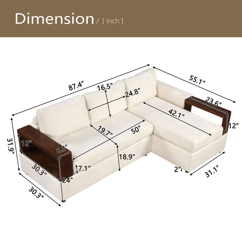 87.4" Sectional Sofa Upholstered Sofa Couch With Reversible Armrests, Beige Chenille