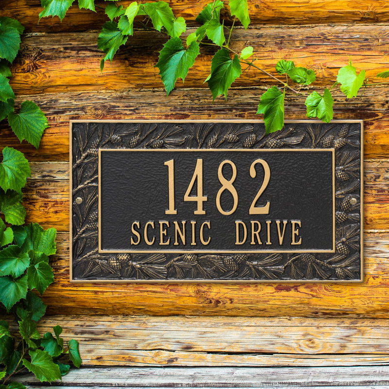 Plaque d'adresse murale sur 2 lignes Pinecone, Noir / or, Oui