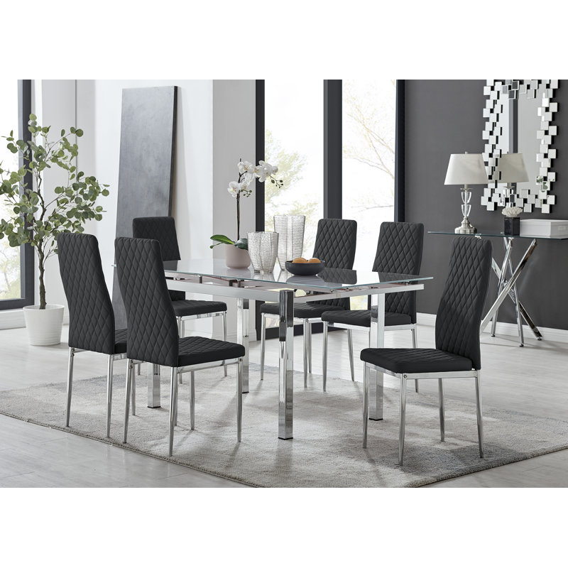 Tierra Modern Glass & Metal Extendable Dining Table Set & 6 Luxury Faux Leather Dining Chairs, Black/Silver