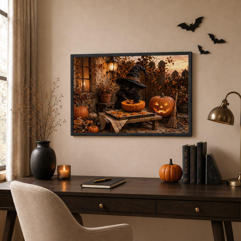 Tableau mural d'Halloween avec chapeau de sorcière chat noir et citrouille illuminée sur toile, 36"H x 48"W