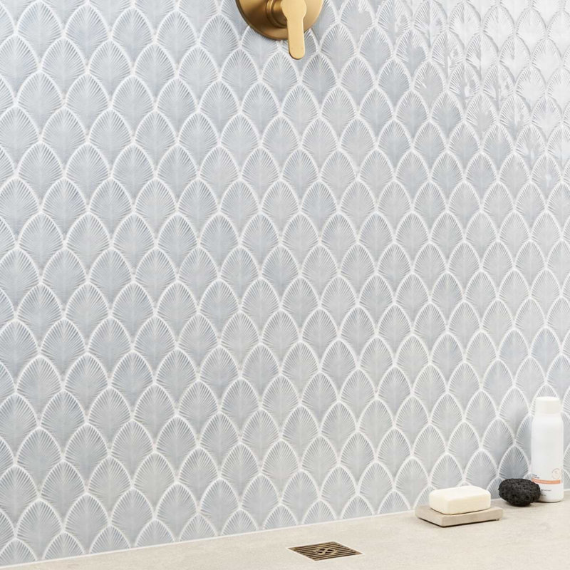 Nabi 3x4 Fishscale Crackled Glossy Glass Mosaic Tile, Arctic Blue