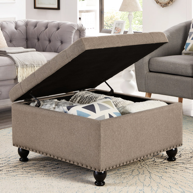 Linen Upholstered Square With Internal Compartment And Elegance Wood Base Button Design, Linen