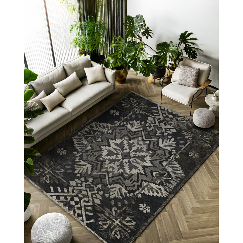Rayhan Collection Digital Print Cotton-Polyester Black Moroccan Rug, Runner 2'8" x 11'6"