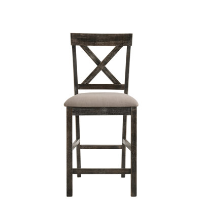 2 chaises à hauteur de comptoir - Ii. Lin brun clair et gris patiné. Élégante chaise en bois à haut dossier. Siège confortable avec rembourrage de 2 pouces. Fabrication synthétique et en placage. Siège de tablier classique. Espace pour