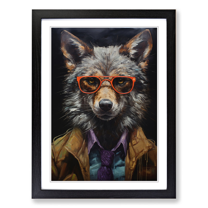 XYZ-FRM-V1223-1705 Wolf With Glasses Painting No.2 - Single Picture Frame Print on Wood, Black, 64cm H x 46cm W x 2cm D