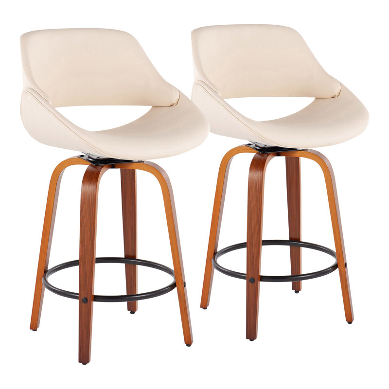 Najrin Faux Leather Upholstered Bar & Counter Stool with Round Footrest, Cream, Walnut/Black, Counter Stool (26" Seat Height)