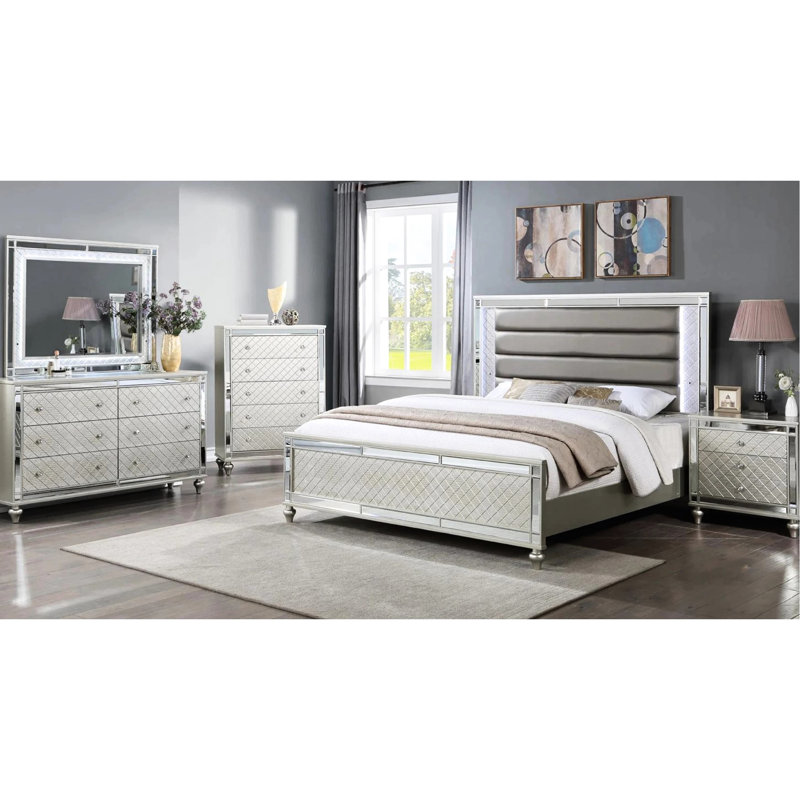 Lit à panneau très grand 1pc avec superbe finition argentée, canal, luxe moderne et éclairage à DEL intégré pour la chambre à coucher avec éclairage,