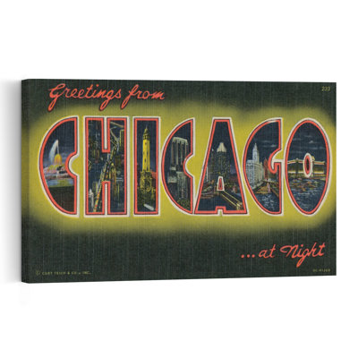 Greetings From Chicago At Night Vintage Abstract City Architecture Wall Art Print 1 Piece Wrapped Canvas Wall Art