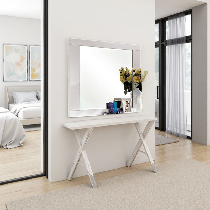 Miroir de commode Gely, laqué blanc brillant 46 po, cadre en bois massif