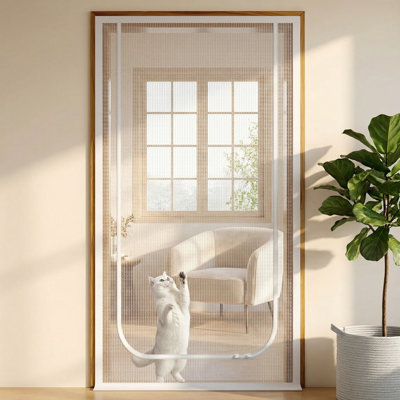 Extra Tall Cat-Proof Mesh Screen Door, Fits 38 X 82 In Door Opening, Anti-Scratch Mesh With Zipper Closure, U-Shaped, White