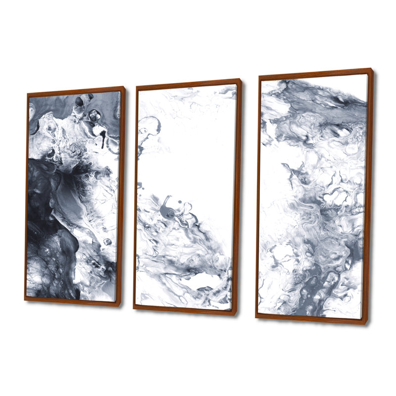 «Black Art», art liquide noir et blanc, ensemble de 3 toiles encadrées modernes, H 40 po x l 60 po, Brun