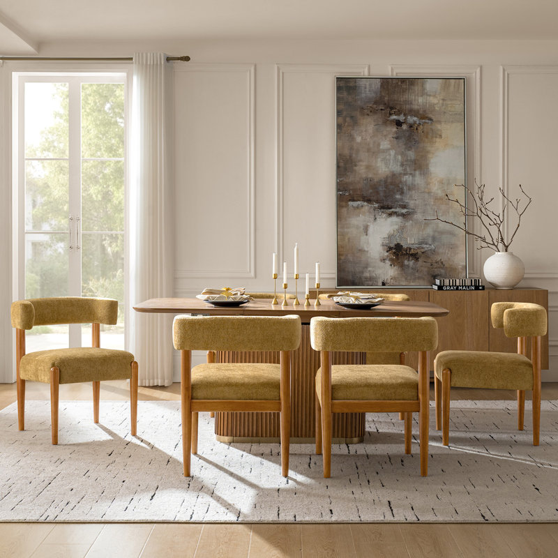 Lambrecht Modern Chenille Dining Chairs with Solid Wood Legs, Fog, 6