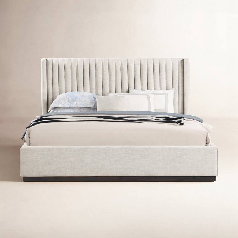 Chamblis Upholstered Wingback Bed, King, Beige Linen Textured Fabric