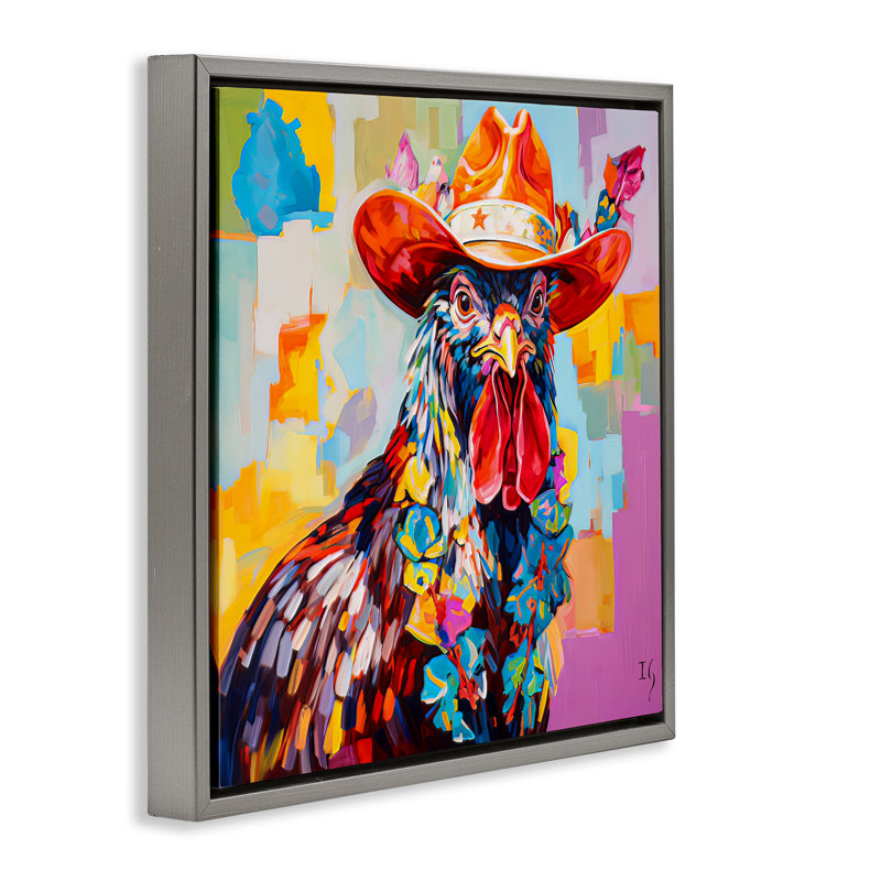 Art mural moderne sur toile coq moderne par Ivan Guaderrama, Cadre flottant gris lustré, H 18 po x l 18 po x P 1,7 po