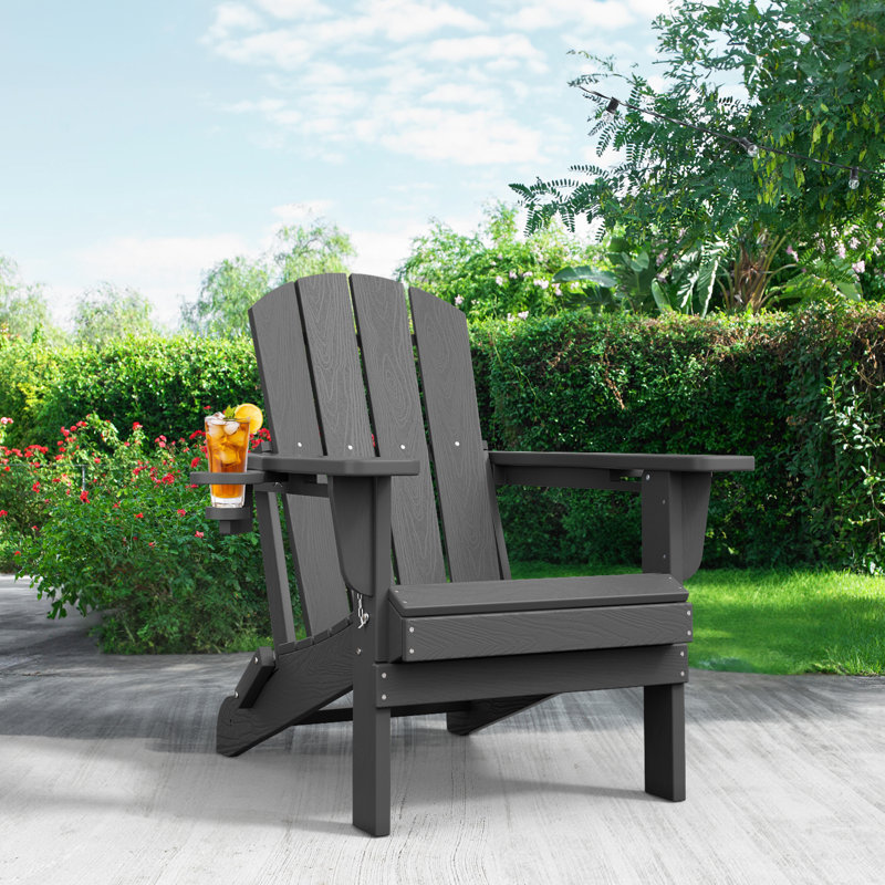 Chaise Adirondack pliante en polyéthylène haute densité Delman avec porte-gobelet double, Gris foncé