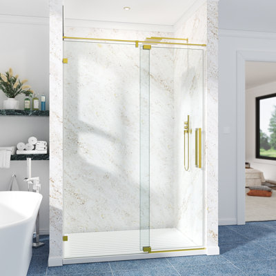 56-61" W x 76" H Frameless Single Pivot Shower Door with Clear Tempered Glass, Shatter-Resistant Film & Installation Hole Locator
