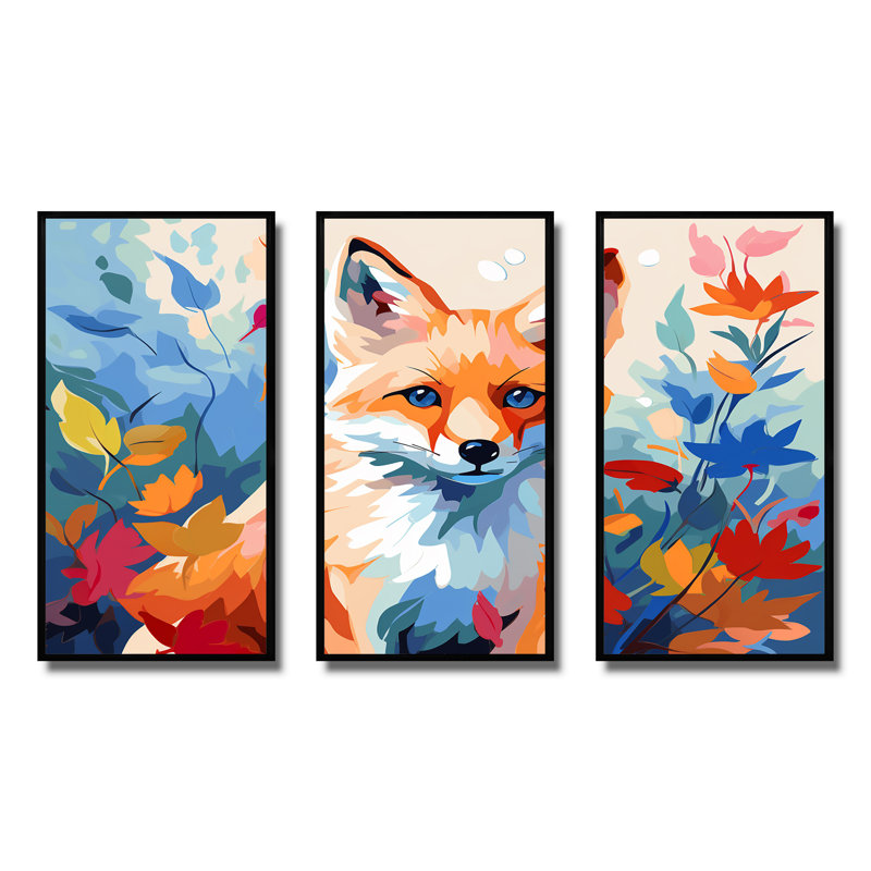 «Orange Foxes Leaf Adventure I», art mural renard, Cadre flottant noir, H 32 po x l 48 po