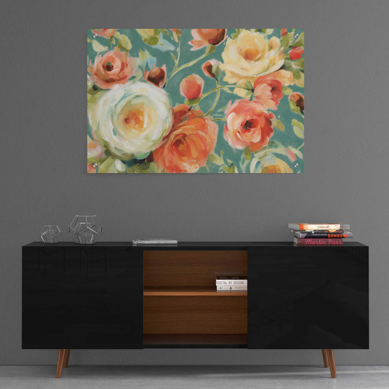 «Florabundance I Autumn Teal» par Lisa Audit, art mural en verre acrylique, 24 po x 16 po, H 24 po x l 36 po x P 0,2 po