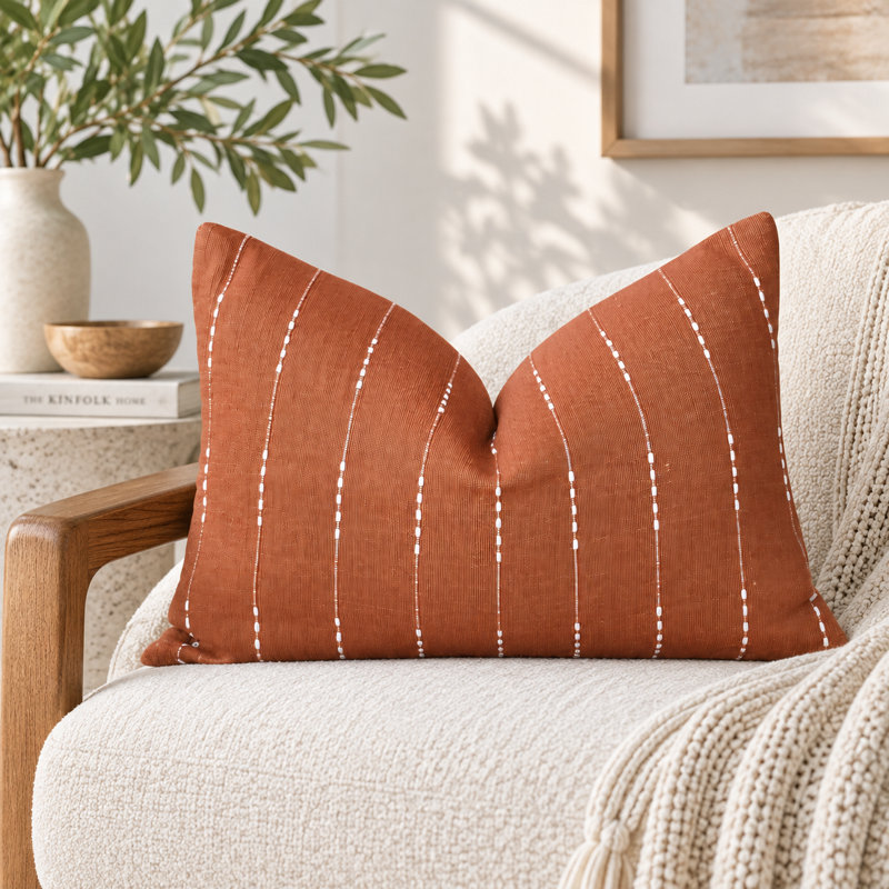 Terracotta Thai Handwoven Cotton Lumbar Pillow Cover, Decorative Accent, Terracotta, Rectangle 12"H x 18"W