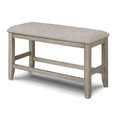 Tan/Brown Counter Height Stool With Grey Upholstery And Footrest, Wood Structure For Dining Rectangular Seat Bench
