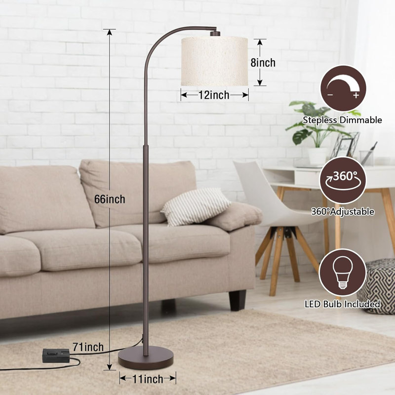 Dimmable Floor Lamp, Arc Standing Lamp With Stepless Dimmer, Brown Floor Lamp With Adjustable Linen Beige Shade For Living Room Bedroom Study Room Office, 9W 3000K LED Bulb Included