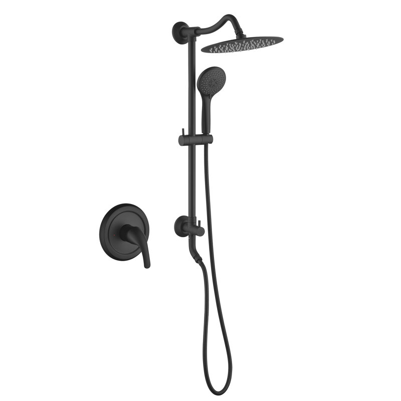 10" Wall Mounted Solid Brass Rain Shower System Set with Pressure Balanced Valve, Matte Black