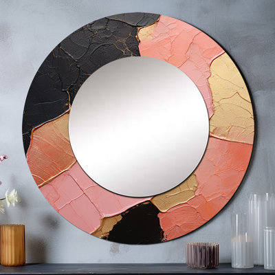 Minimalisme rose Poteries I - miroir décoratif spirales abstraites, miroir mural rond doré, impression d'art en métal
