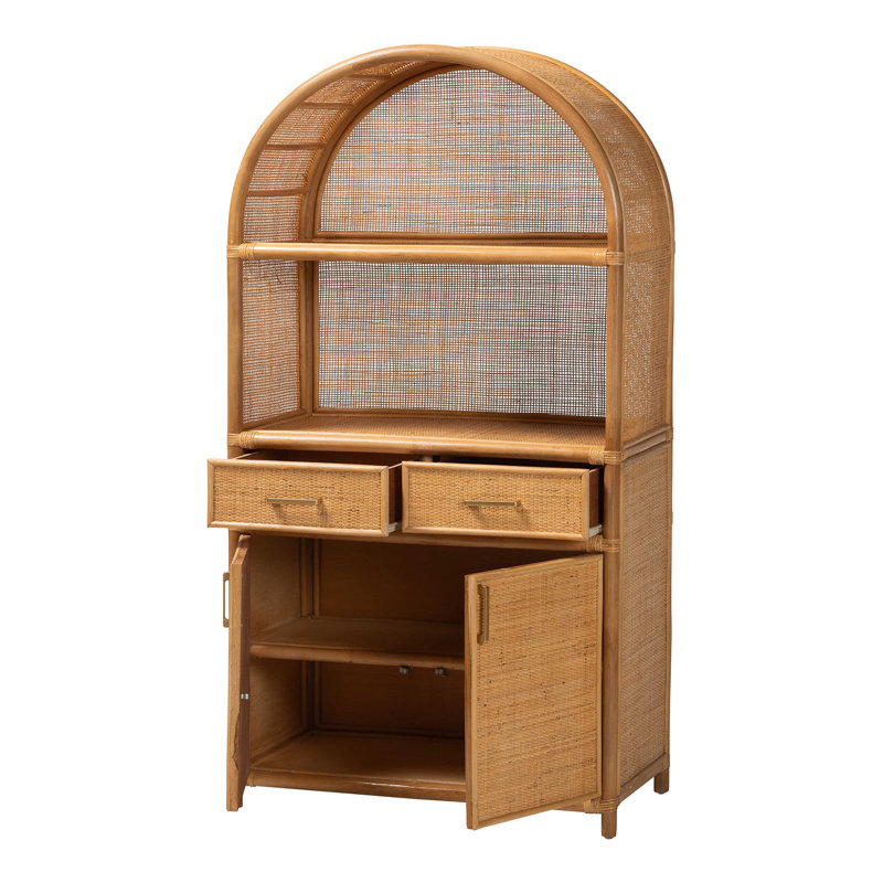 Bali & Pari Mairen Arched Natural Rattan Storage Cabinet -  Handwoven Pole Rattan Hutch With Two Drawers And Doors, Boho Coastal Display Cabinet For Dining Room Or Living Space