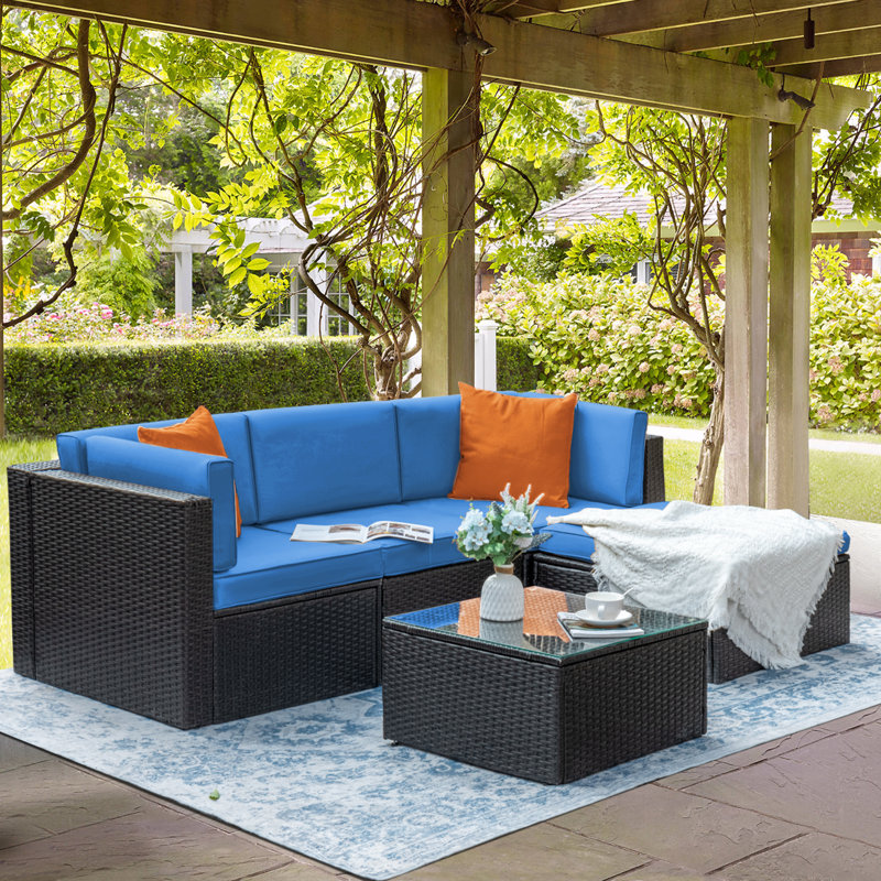 Ensemble de conversation modulaire en rotin 5 pièces avec coussins Mykya, Orange