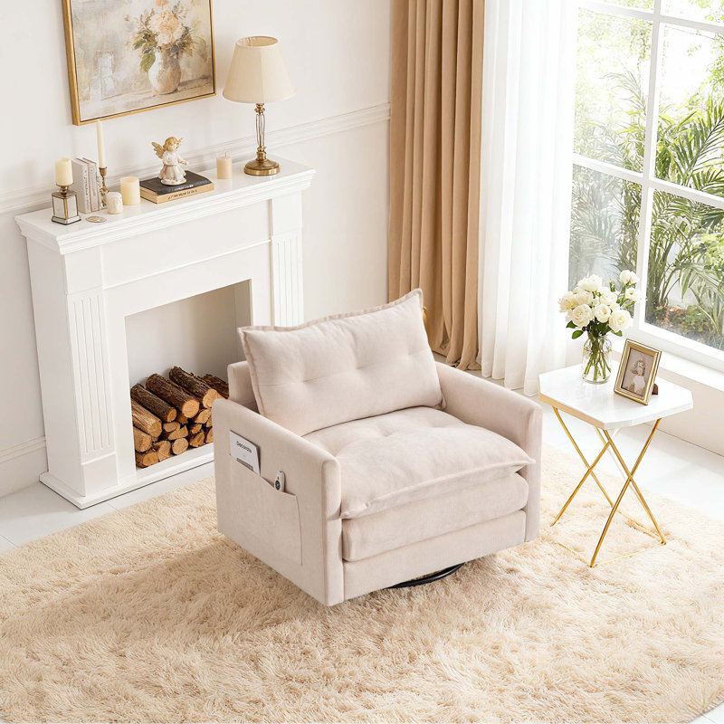 36" Chenille Upholstered Swivel Armchair, Beige
