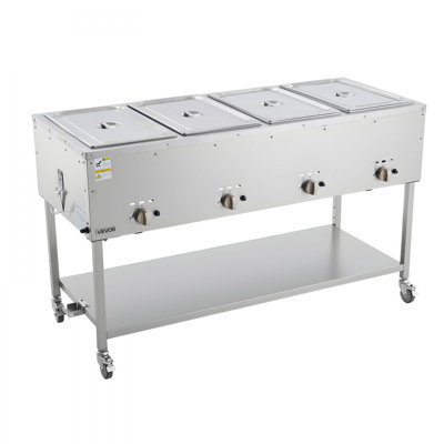 Table de cuisson au propane commerciale à 4 plateaux, réchaud à soupe pour l'extérieur au propane liquide avec soupape de drainage et roulettes de 3 po, chauffe-plats au propane en acier inoxydable avec contrôle de température indépendant, pour le camping en plein air