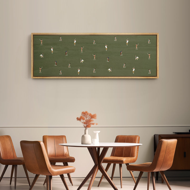 Whimsical Golfers on Green Large Framed Canvas Print Wall Art, Playful Mid-Century Decor, 20" H x 60" W, Natural