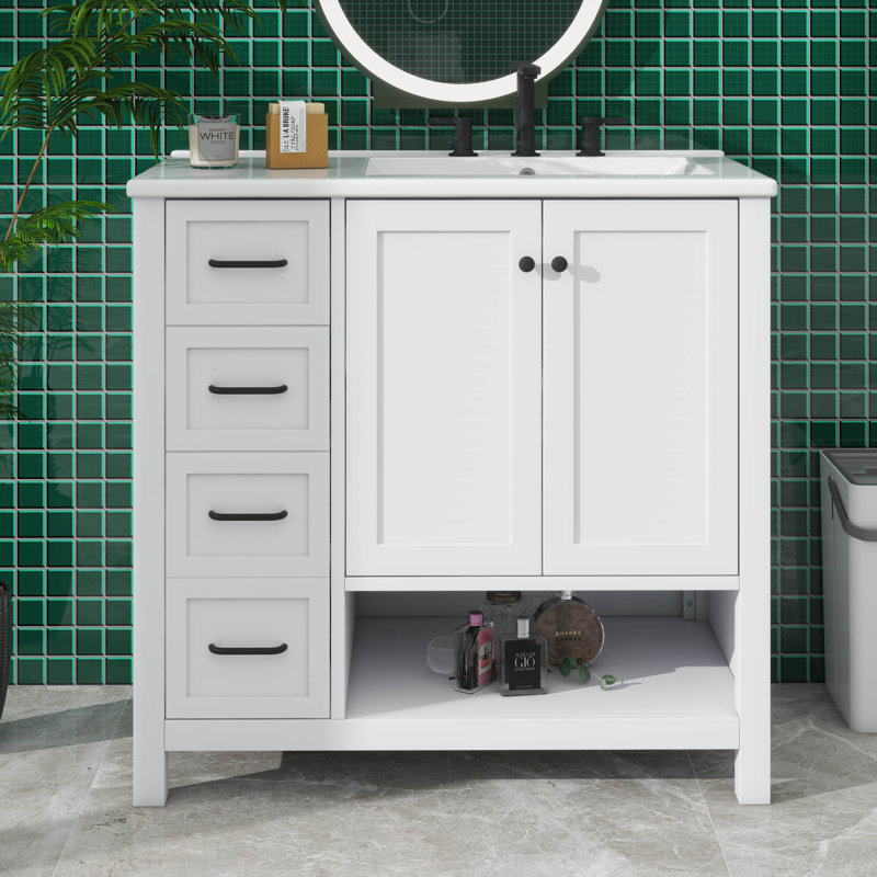 Meuble-lavabo de 36 po avec lavabo en céramique, meuble-lavabo moderne avec 2 tiroirs, portes à fermeture en douceur et tablette ouverte, meuble de salle de bain autoportant en bois massif