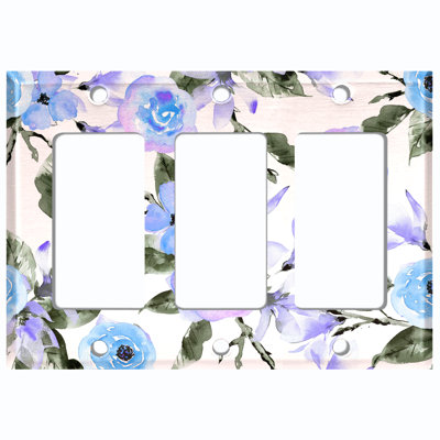 Metal Light Switch Plate Outlet Cover (Blue Roses Flowers Water Colour Green Leaves White - Single Toggle)