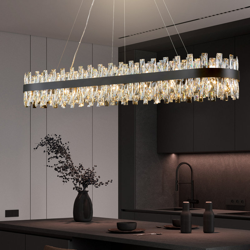Light Dimmable Square / Rectangle Crystal Chandelier, Matte Black, 9.8" H x 57" W x 12" D
