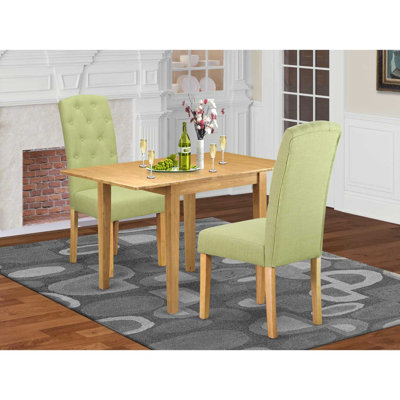 3 Piece Set Contains a Rectangle Kitchen Table with Dropleaf and 2 Limelight Linen Fabric Upholstered Chairs, Oak