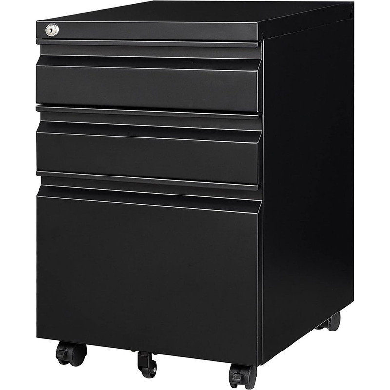 3 Drawer File Cabinet with Lock and Wheels,Black Rolling File Cabinet,Fit A4/Letter/Legal File Stylish & Practical